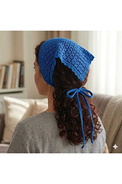 Kadın Saks Mavi El Örgüsü Bandana Bohem Stil Dantel Saç Aksesuarı Plaj ve Günlük Kombin Saç Bandı