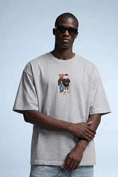 MATERIAL Men's Bear & Rabbit Printed Oversize M.Gray T-Shirt