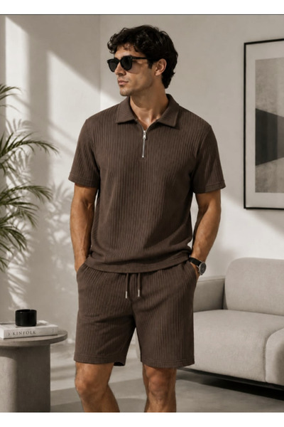 LU DUE Ottoman Fabric Casual Stylish Zippered Polo Collar T-Shirt and Shorts Set
