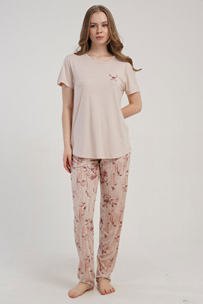VİENETTA Short Sleeve Viscon Pajamas-Cream