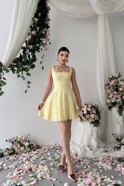 Caddebostan Moda Square Neck Floral Embroidery Flared Dress Mini Summer Strap...