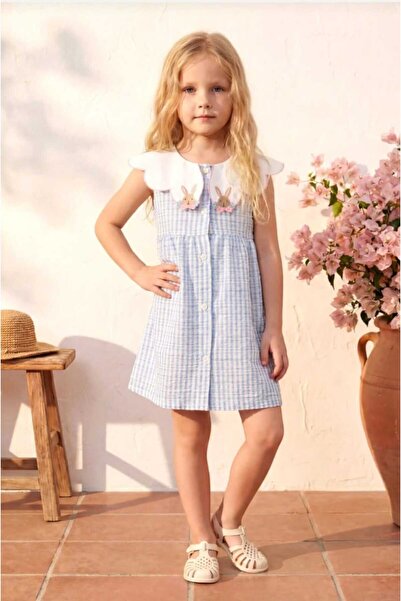 punicha Girl's Summer Dress with Front Buttons and Collar Detail
