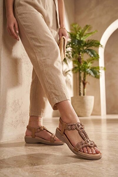 Ayakkabı Fuarı Elit Hml4053 Women's Stoned Flat Sandals Camel