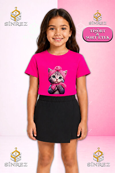 SİNREZ Set pentru fete SEKER KEDI YARIM PEMBE KRDL Tricou cu mânecă scurtă im...