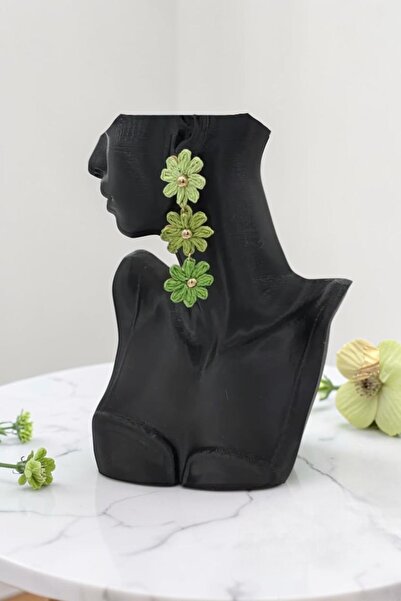 nftart.design Green Triple Flower Detailed Long Dangle Women's Earrings