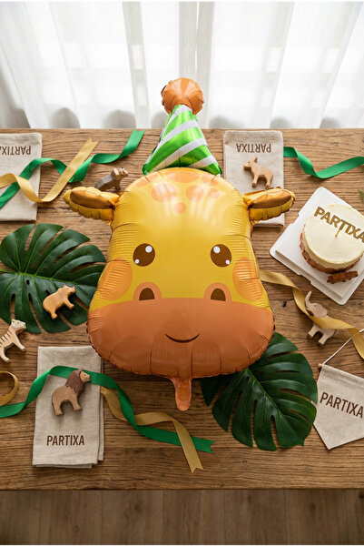 Partixa Şapkalı Safari Zürafa Kafa Folyo Balon 80x56 cm Safari Temalı Çocuk D...
