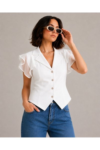 Vireo Club Women's White Tulle and Ruffle Detailed Jacket Collar Blouse