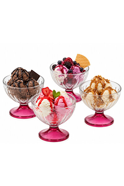 OEM Set of 4 fuchsia-stemmed ice cream cups, 250 ml, striped pattern, transpa...