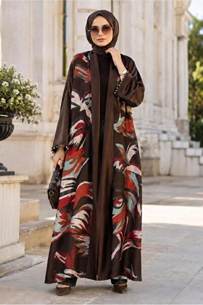 TRENDTESETTÜR KADIN KAHVE PONPON DETAYLI DESENLİ ABAYA T 5311