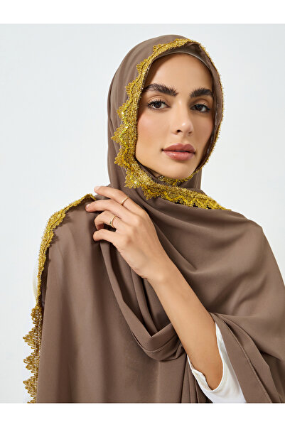 Take Two By Styli Brown Chiffon Hijab with Lace Trim