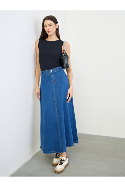 Styli Blue Denim A-Line Maxi Skirt