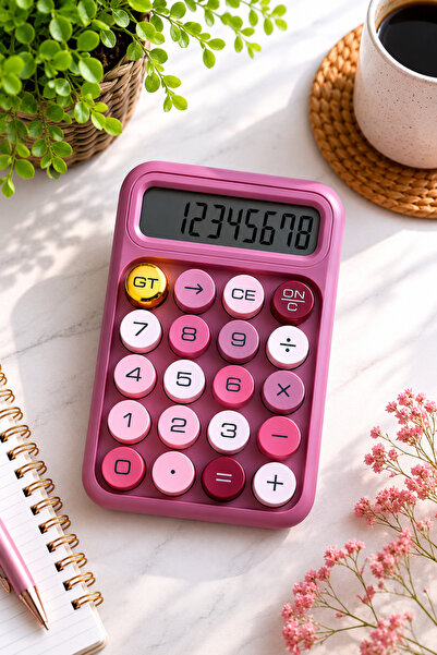 Karçiçeği Home Pembe Pastel Mini Hesap Makinesi | Büyük Tuşlu Şık Masaüstü Of...