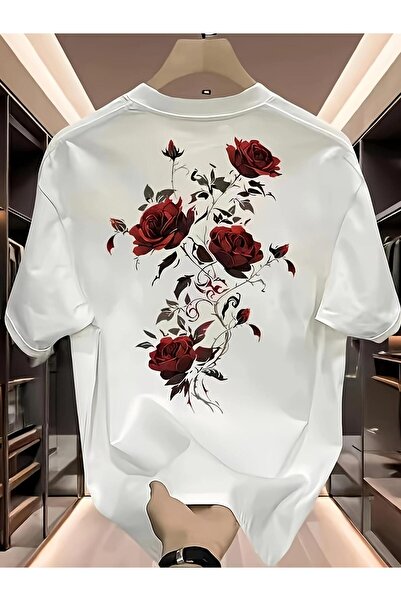 bolivia's Men's Gothic-Inspired White T-Shirt with Black & Red Rose Back Prin...