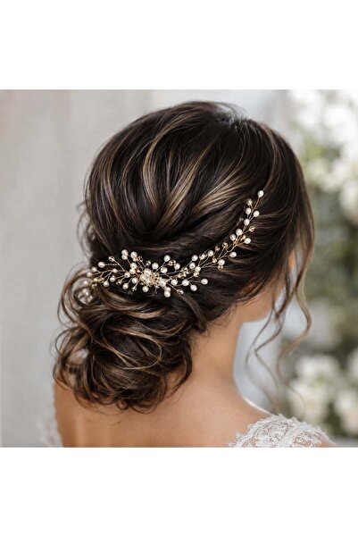 Raizel Accesoriu par mireasa auriu, stil pieptene, cu perle si margele, Aliso...