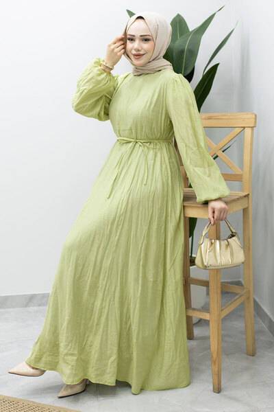 Tesettür Dünyası Lina Dress with Stitching and Lacing Detail Tsd260223 Green