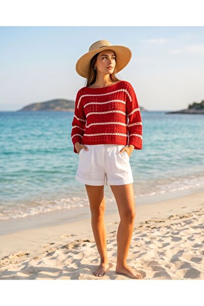 Trend Kapında Summer Openwork Striped Boat Neck Knitwear Blouse