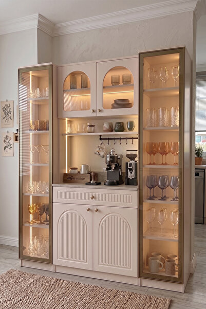 Eymense Hera Kahve Köşesi %100 MDF Mutfak Dolabı Camlı Çok Amaçlı Dolap Sensö...
