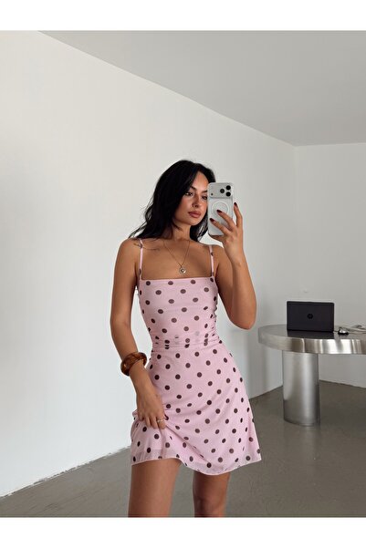 myd Drapeli Puantiye Mini Elbise - Pembe