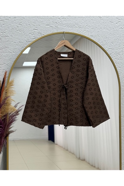 MİHRA STORE Şelale Kimono cu ciucuri și legături-Zİ3141 Maro