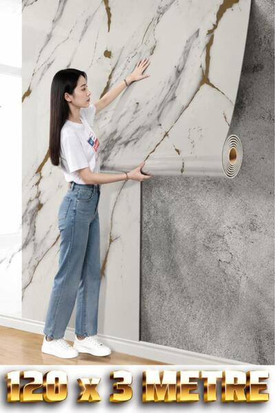 Renkli Duvarlar 120cm x 3 Metre Rulo Premium Mix Gold Mermer Desenli Yapışkan...