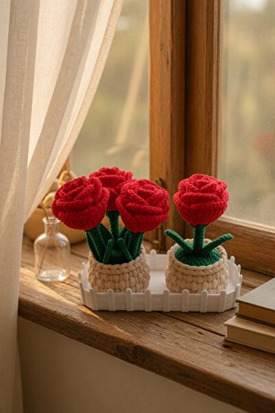 MYCRAFT3D Örgü Dokulu Gül Saksı ve Çit Standlı Set – Çiçekli Dekoratif Biblo,...