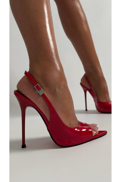 Naz Luxury Shoes Di̇na Patent Leather Heeled Shoes Red