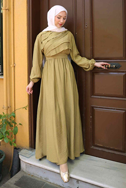 İmajButik Olive Fırfır Katlı Bel Lastikli Elbise