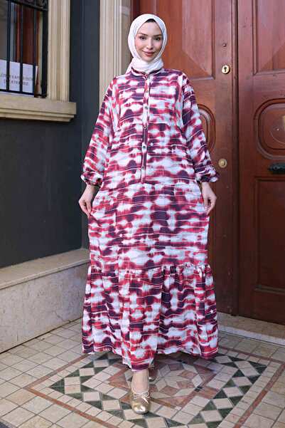 İmajButik Red Half Buttoned Viscose Dress with Elastic Sleeves and Tie-Dye Pa...