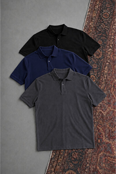 COMBİNE MİCHAİL Men's Short Sleeve Loose 3-Piece Polo Collar T-Shirt