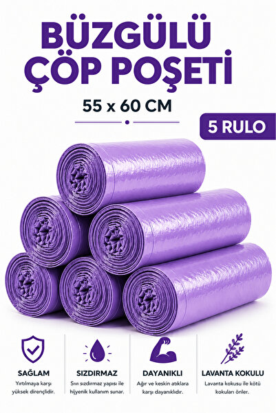 MSE HOLD Büzgülü Çöp Poşeti Lavanta Kokulu 55×60 cm Orta Boy 5 Rulo Dayanıklı...