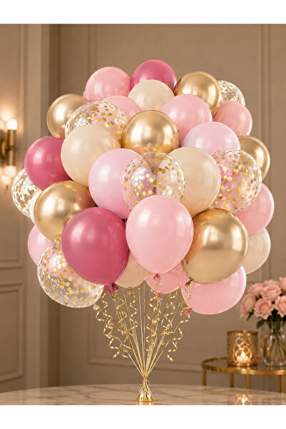 Aspak Bej & Kahverengi Gold Konfeti Balon Demeti – 30’lu Set (Balon Zinciri D...