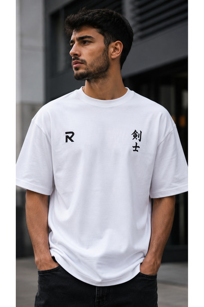 Erkek Oversize Tişört Beyaz Samurai Baskılı 30/2 Süprem Unisex Streetwear