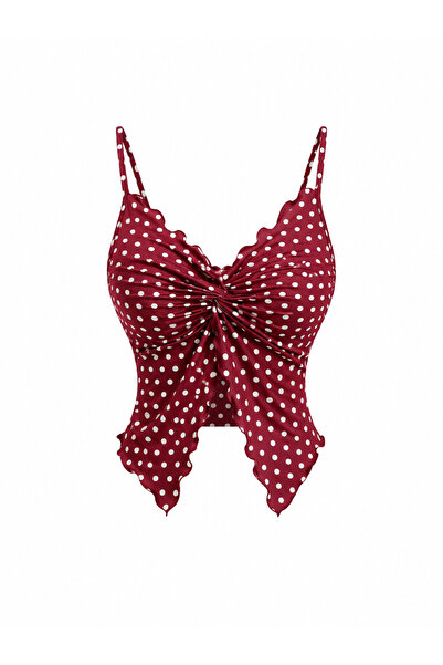 WEEST MODA Polka Dot Patterned Front Twist Thin Strap Summer Alaçatı Crop Top