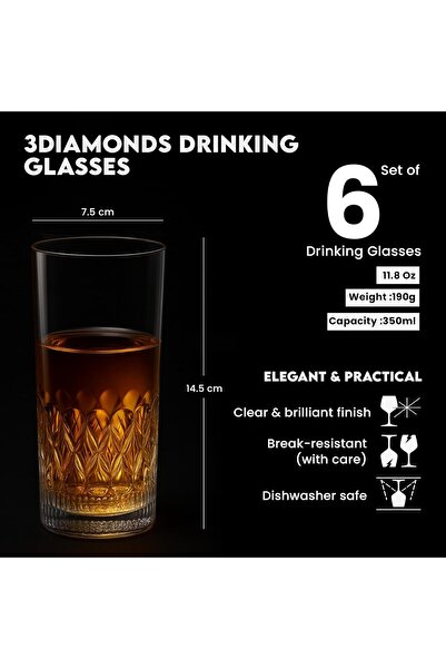 3Diamonds مجموعة من 6 أكواب شرب، خالية من الرصاص، متينة وأنيقة للماء والعصير ...