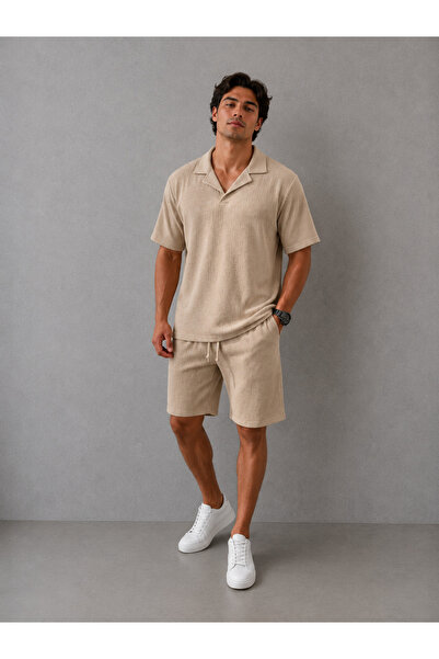 Shine Stone Men's Bürümcük Apaj Collar T-Shirt Shorts Set