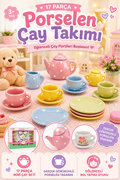 Tamsena Store 17 Parça Oyuncak Porselen Çay Takımı Kız Çocuk Mini Çay Seti Oy...