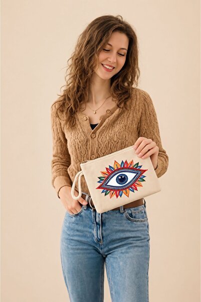 TexKid Renkli Yaprak Göz Tasarımlı Clutch Hediye Clutch/Makyaj/El Çantası