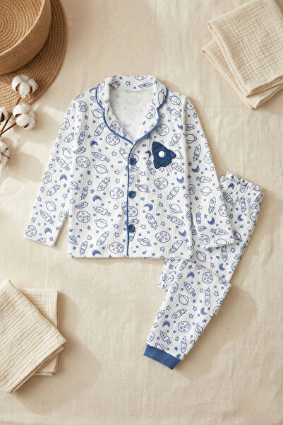 PoliFoni Babies Galaxy Rocket Embroidered 100% Cotton Collared Boys' Pajama Set