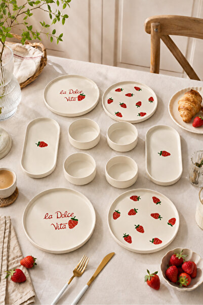 Papart Vita Berry 10 Parça 4 Kişilik Çilek Desenli Stackable Seramik Kahvaltı...