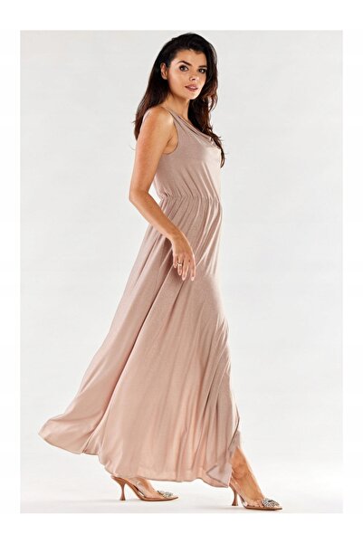 Awama Long dress, Awama, pleated neckline, side slit, Polyester, beige, L INTL