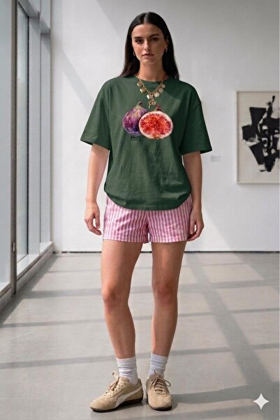 CAST COLLECTİON Women's Green Fig Printed Oversize T-Shirt