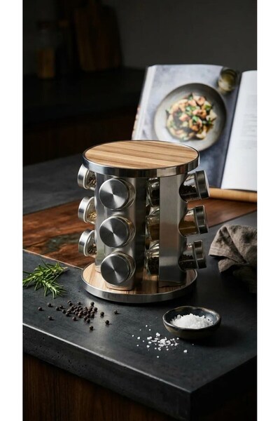 Lumindra 12-Piece Stainless Steel Glass Spice Rack Set with Wooden Covers and...