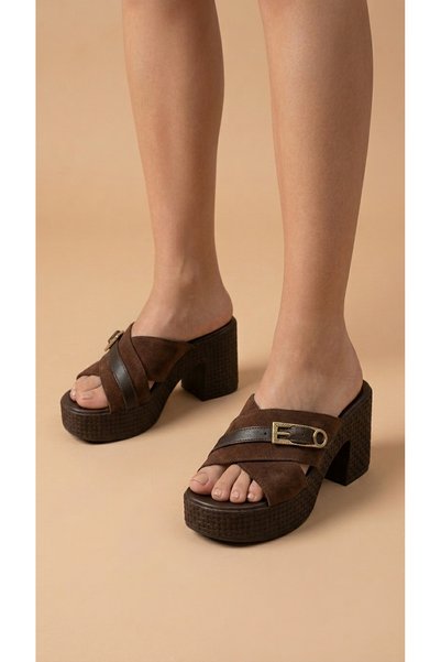 Moda Lime Side Buckle Detailed High Lightly Padded Heeled Comfortable Women's Summer Slippers Sandals