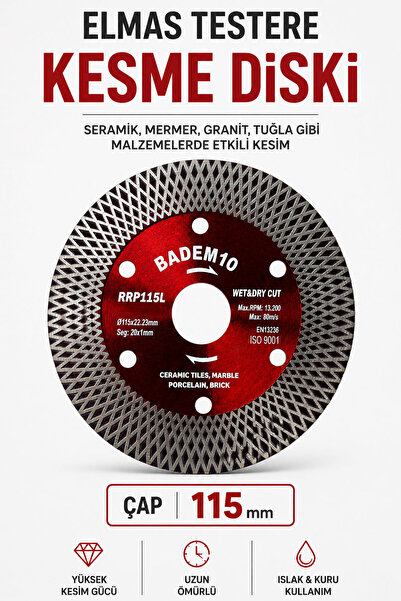 Badem10 Kuru Islak Elmas Testere Kesme Diski 115x22,23 mm Mermer Beton Granit...