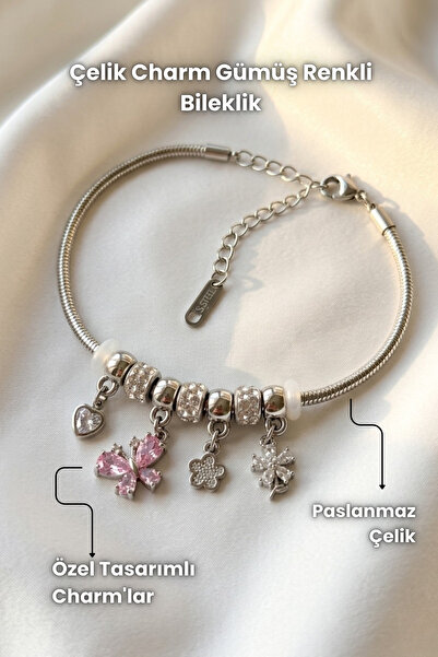 Elifsu Jewelry Steel Charm Silver Color Bracelet