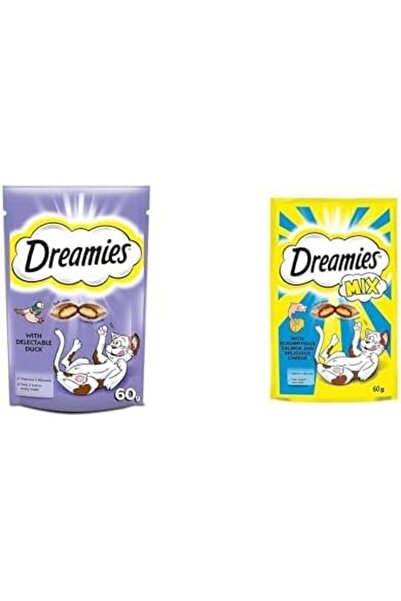 zkra shop Dreamies Seti | Kedi Ördekli Ödül Maması 60 gr x2 + Kuru Somonlu ve Peynirli, 60 G x2 105