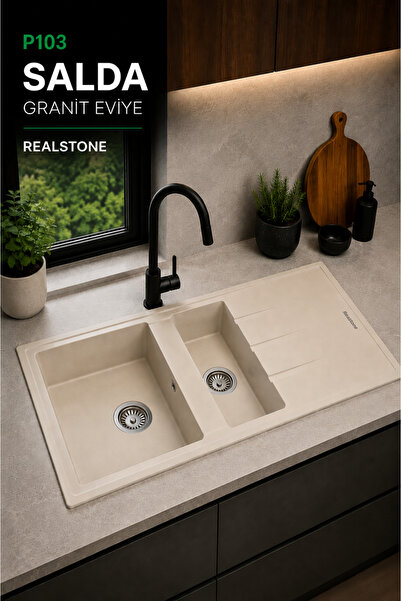 RealStone P013 Salda 1,5 Gözlü Granit Mutfak Eviyesi Krem 100 x 50 Cm