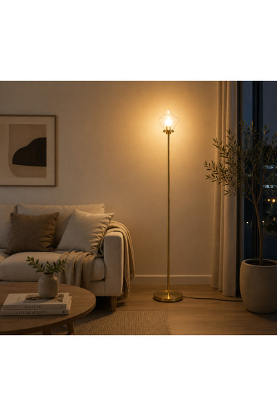 IKEA (IKEA) قاعدة ذهبية، مصباح أرضي مع غطاء زجاجي شفاف