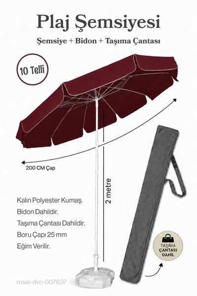 Düvenci Bordo Plaj Şemsiyesi 200 cm Çap / 10 Telli + Bidon + Taşıma Çantası D...