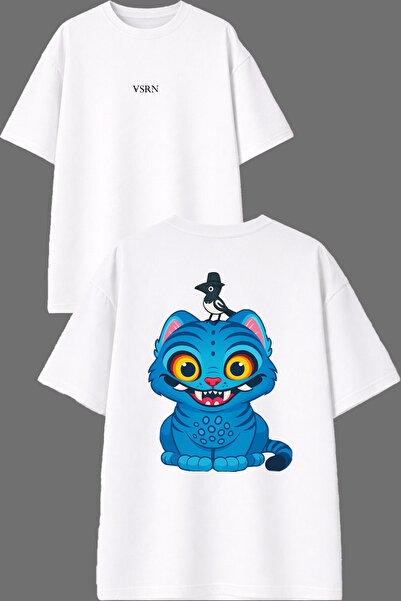 VSRN Tricou supradimensionat alb cu imprimeu în față și în spate, cu design p...